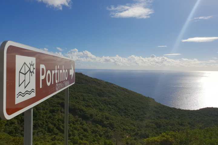 a close up of a sign with a mountain in the background