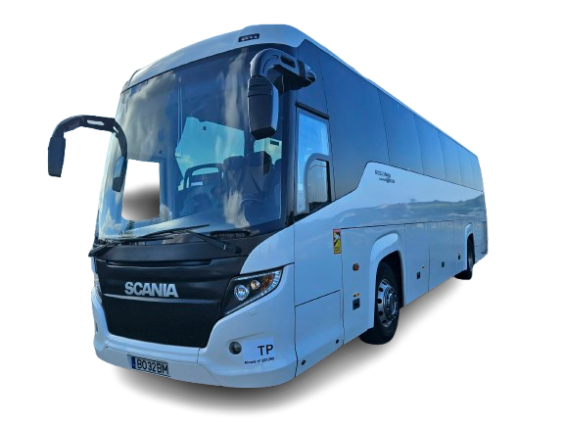 White Scania tour bus with tinted windows and visible side mirrors on a plain background.