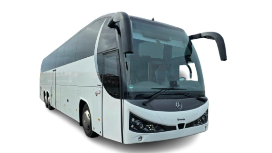 White modern tour bus on a plain background.