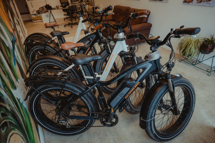 a bicycle parked on the side of the room