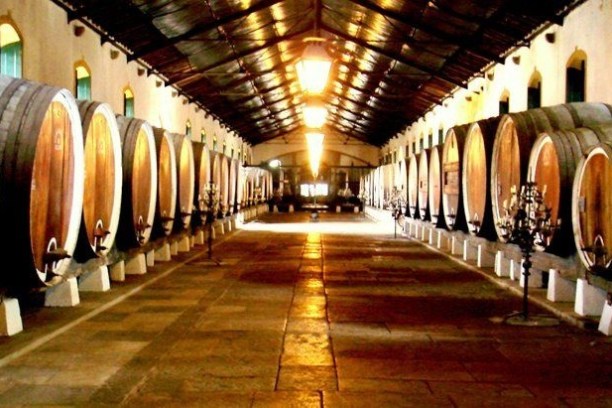 a row of wooden benches sitting on top of a barrel