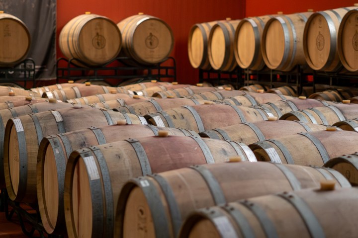 Rows of wooden barrels in a winery cellar.
