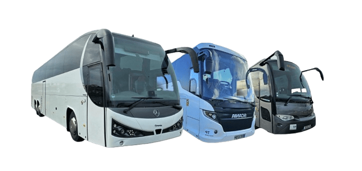 Three buses in different colors: white, blue, and black, aligned diagonally.