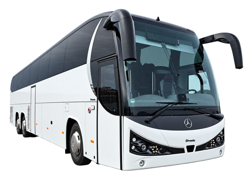 Modern white coach bus with black windows, parked.