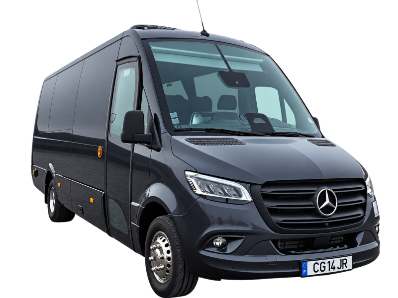 Black Mercedes-Benz Sprinter van with a UK license plate.