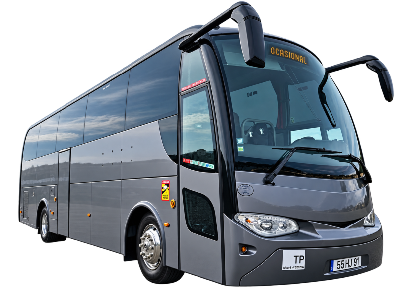 Gray tour bus with reflective windows and license plate 55HJ 91.