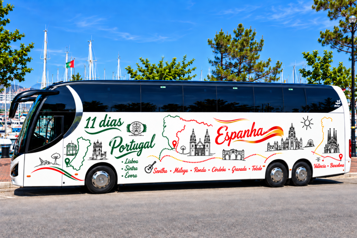 Decorative tour bus with Portugal and Spain landmarks design parked by a marina.